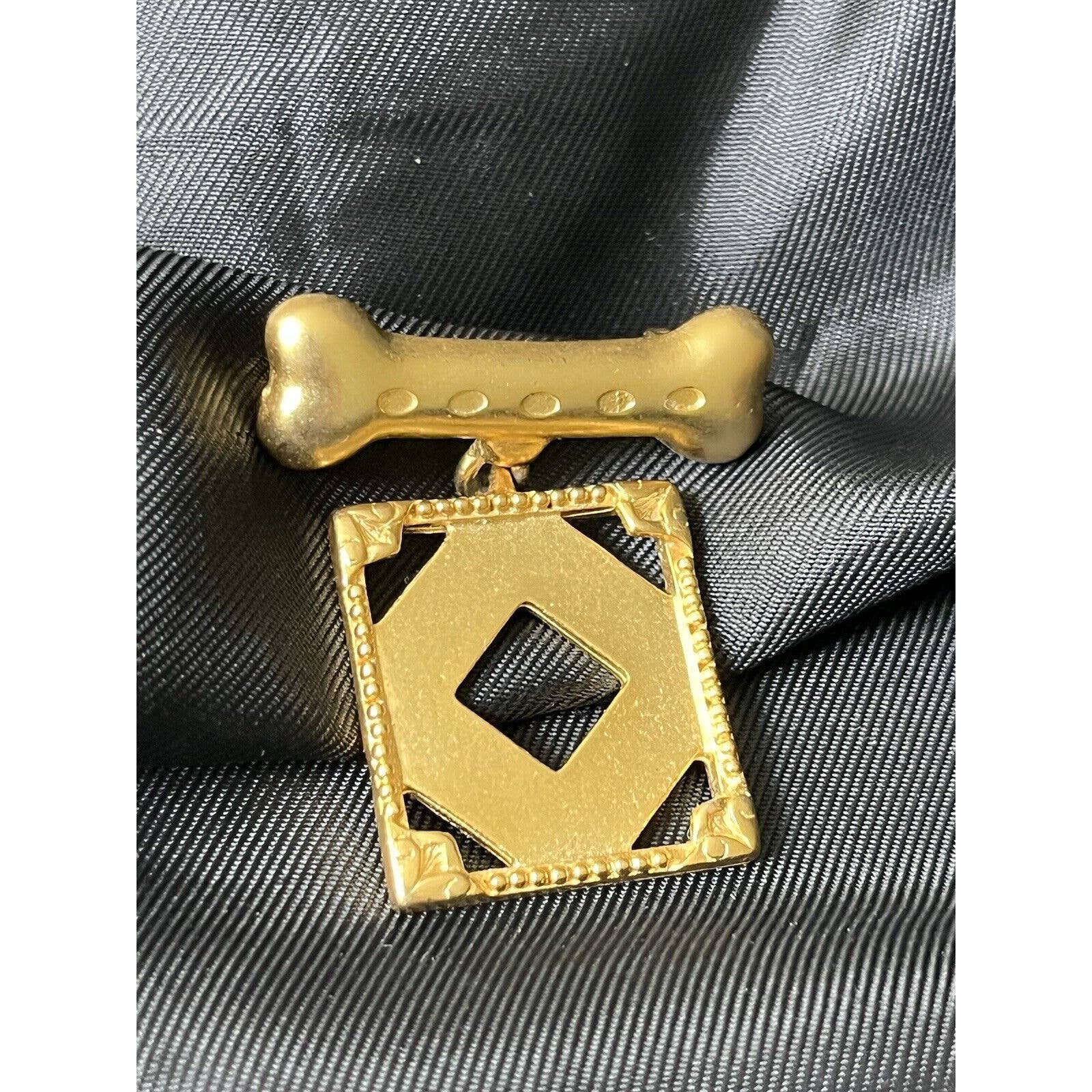 Vintage Dog Pet Photo Frame Brooch Pin Dangle Gold Brushed Tone By Jj 1.5